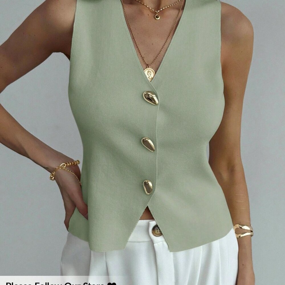 Green Casual Women's Front Button Tank Top